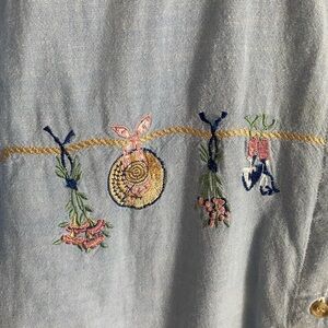 Gardening Embroidered‎ Light Blue Denim Short Sleeve Button Up Shirt Cottagecore